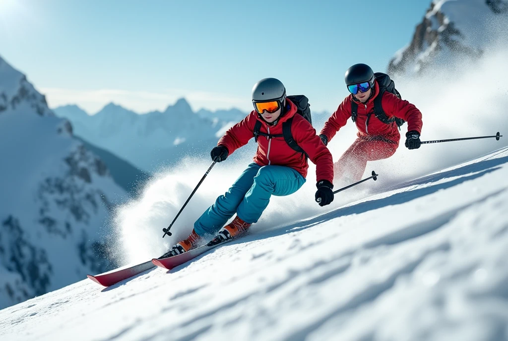 Realistic, theme is "Ski Sprint", downhill skiing, skiing down a steep slope at breakneck speed, close-ups of skis and boots, powerful scenes of skis cutting through the snow as they turn, super low-angle, sophisticated design, advanced lighting techniques, 8K quality live-action photos