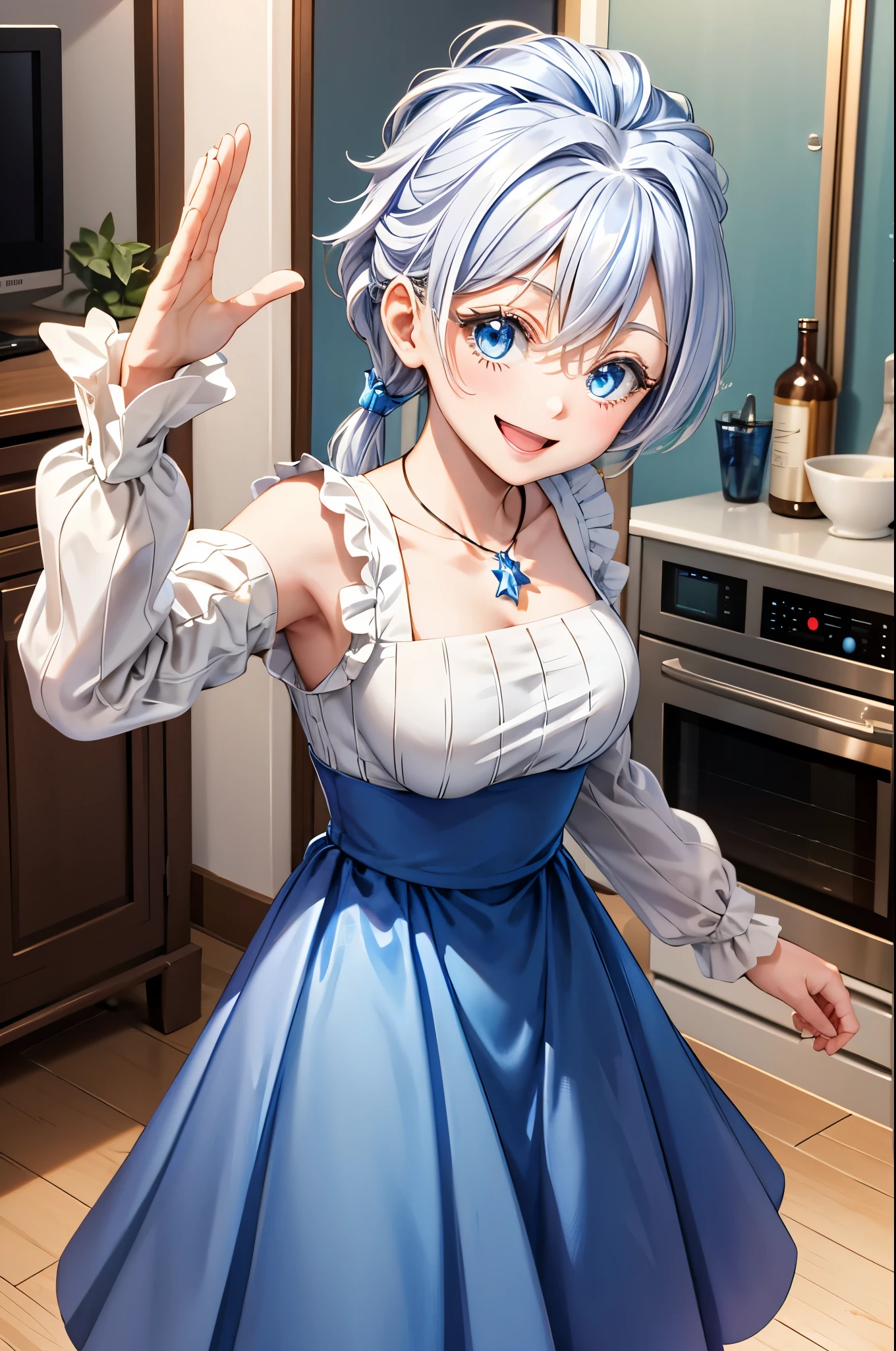 from below:1.4,buckshot:1.3,8k wallpaper, masterpiece, highest quality, figure, perfect anatomy,looking at the viewer,Beautiful girl in her 20s ,(Aqours blue eyes) ,break((Silver hair),(silver short hair)),break(Smile:1.2), medium breasts,break(light blue and white theme:1.5), break(Tweed light blue strapless short camisole with lace-ups:1.4), break((bare shoulders:1.3), (Ruffled shoulder straps:1.4), break(Light blue frilled tweed_Tiered Micro Mini Skirt:1.4), skirt lift:1.4,(white panties),break(white pantyhose:1.2), break(light blue choker:1.3), (earrings:1.2), break ((standing pose,open legs, from behind)),break(Inside the antique shop),panty shot:1.3