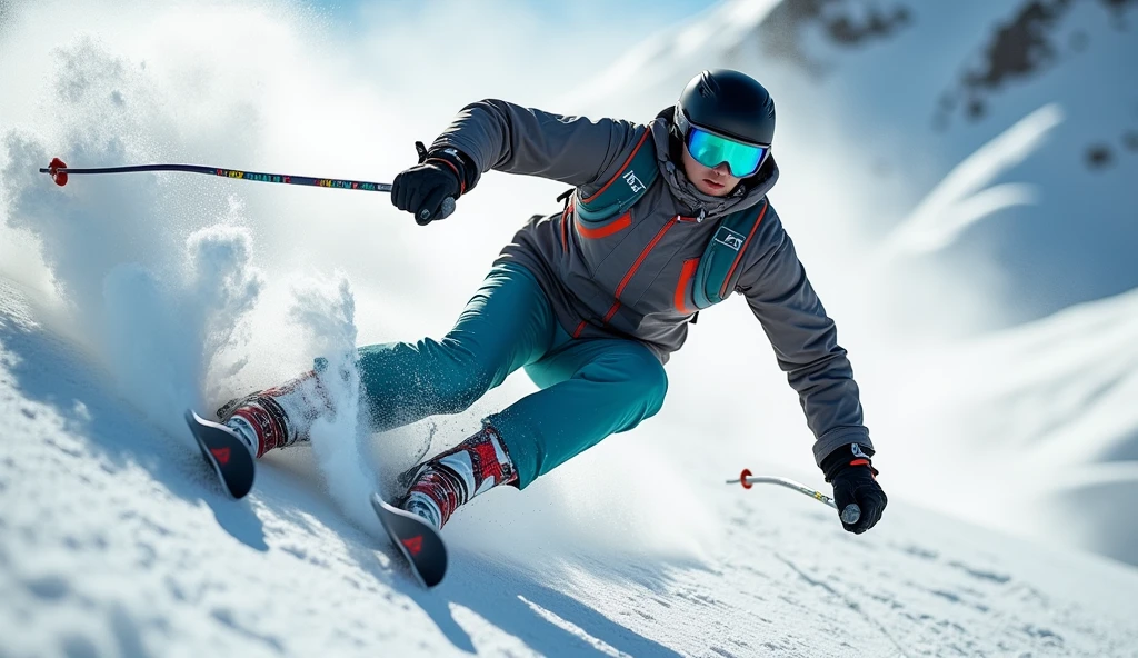 Realistic, theme is "Ski Sprint", downhill skiing, skiing down a steep slope at breakneck speed, close-ups of skis and boots, powerful scenes of skis cutting through the snow as they turn, super low-angle, sophisticated design, advanced lighting techniques, 8K quality live-action photos