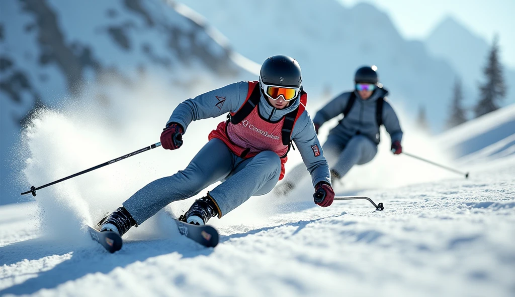 Realistic, theme is "Ski Sprint", downhill skiing, skiing down a steep slope at breakneck speed, close-ups of skis and boots, powerful scenes of skis cutting through the snow as they turn, super low-angle, sophisticated design, advanced lighting techniques, 8K quality live-action photos