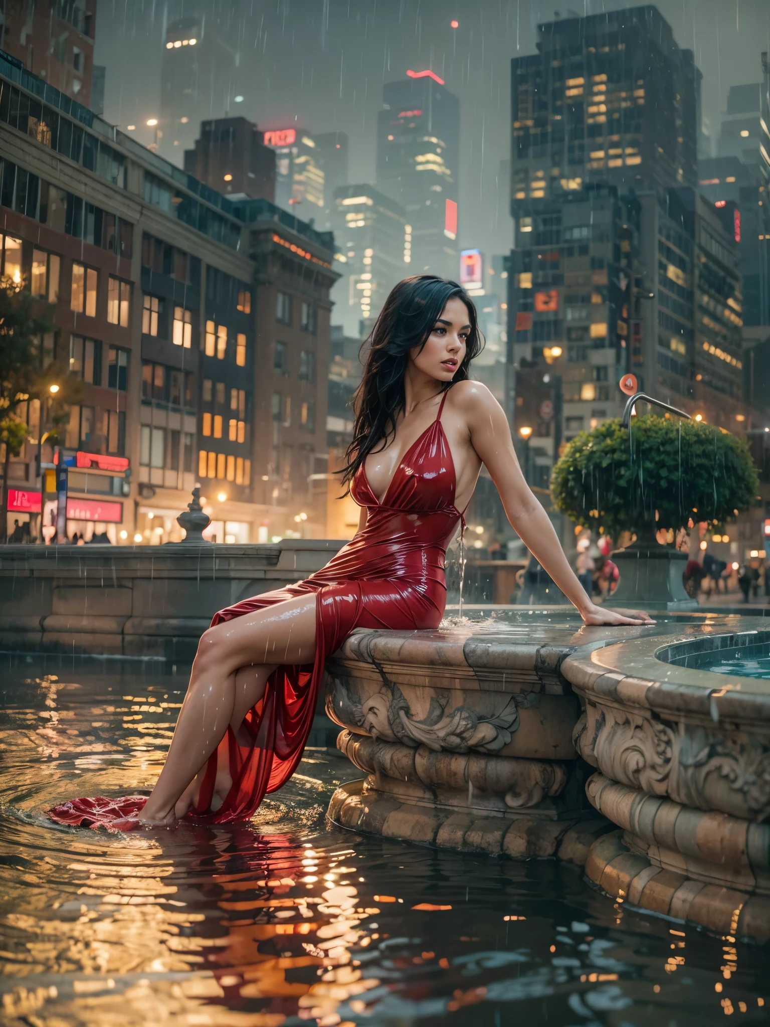 A woman with sleek black hair, her soaked red cocktail dress clinging and translucent against her skin, sitting on the edge of a city fountain with one leg submerged, water streaming down her neckline and pooling in the folds of her dress, her gaze direct and alluring, golden city lights reflecting off her damp skin, cinematic realism, detailed and sensual