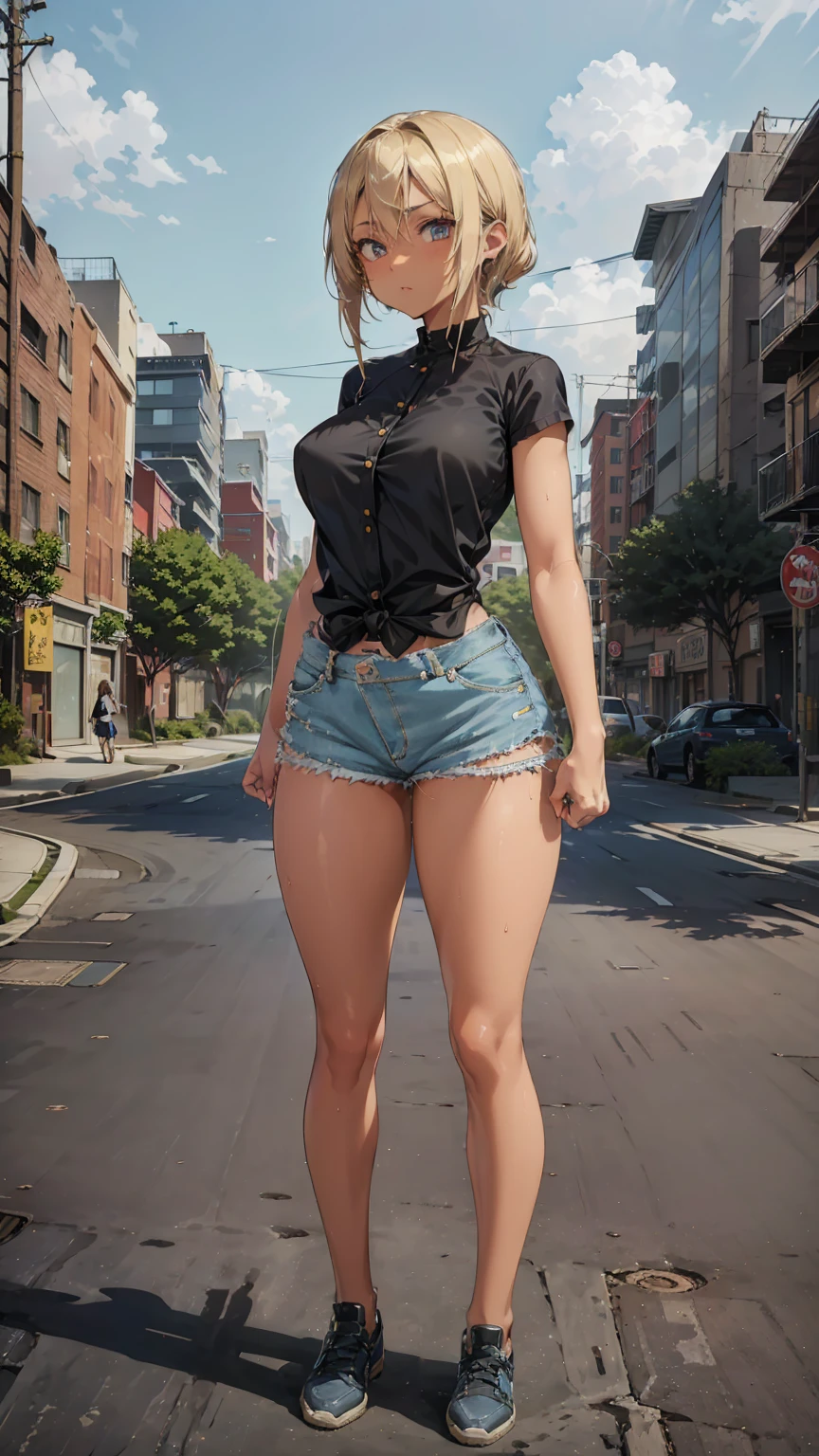 1girl, anime woman, anime, (dark skin), 2d woman, 25y, (fullbody), standing, anime girl, serious, (blonde hair), ((black blouse)), Solo, Slim, large breasts, black shirt, simple city background, city, looking at viewer, darker shadows, (((Short shorts, denim shorts))), (((absurdres)))