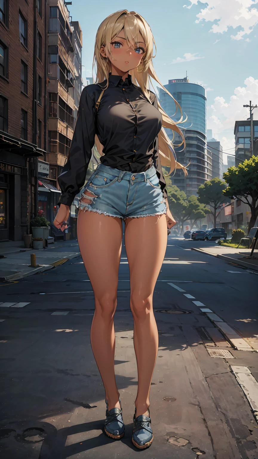 1girl, anime woman, anime, (dark skin), 2d woman, 25y, (fullbody), standing, anime girl, serious, (blonde hair), ((black blouse)), Solo, Slim, large breasts, black shirt, simple city background, city, looking at viewer, darker shadows, (((Short shorts, denim shorts))), (((absurdres)))