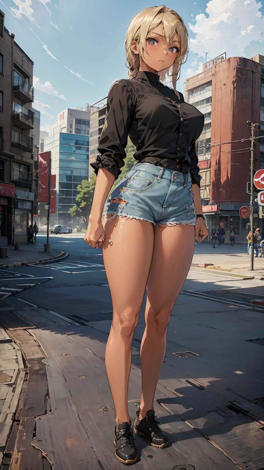 1girl, anime woman, anime, (dark skin), 2d woman, 25y, (fullbody), standing, anime girl, serious, (blonde hair), ((black blouse)), Solo, Slim, large breasts, black shirt, simple city background, city, looking at viewer, darker shadows, (((Short shorts, denim shorts))), (((absurdres)))