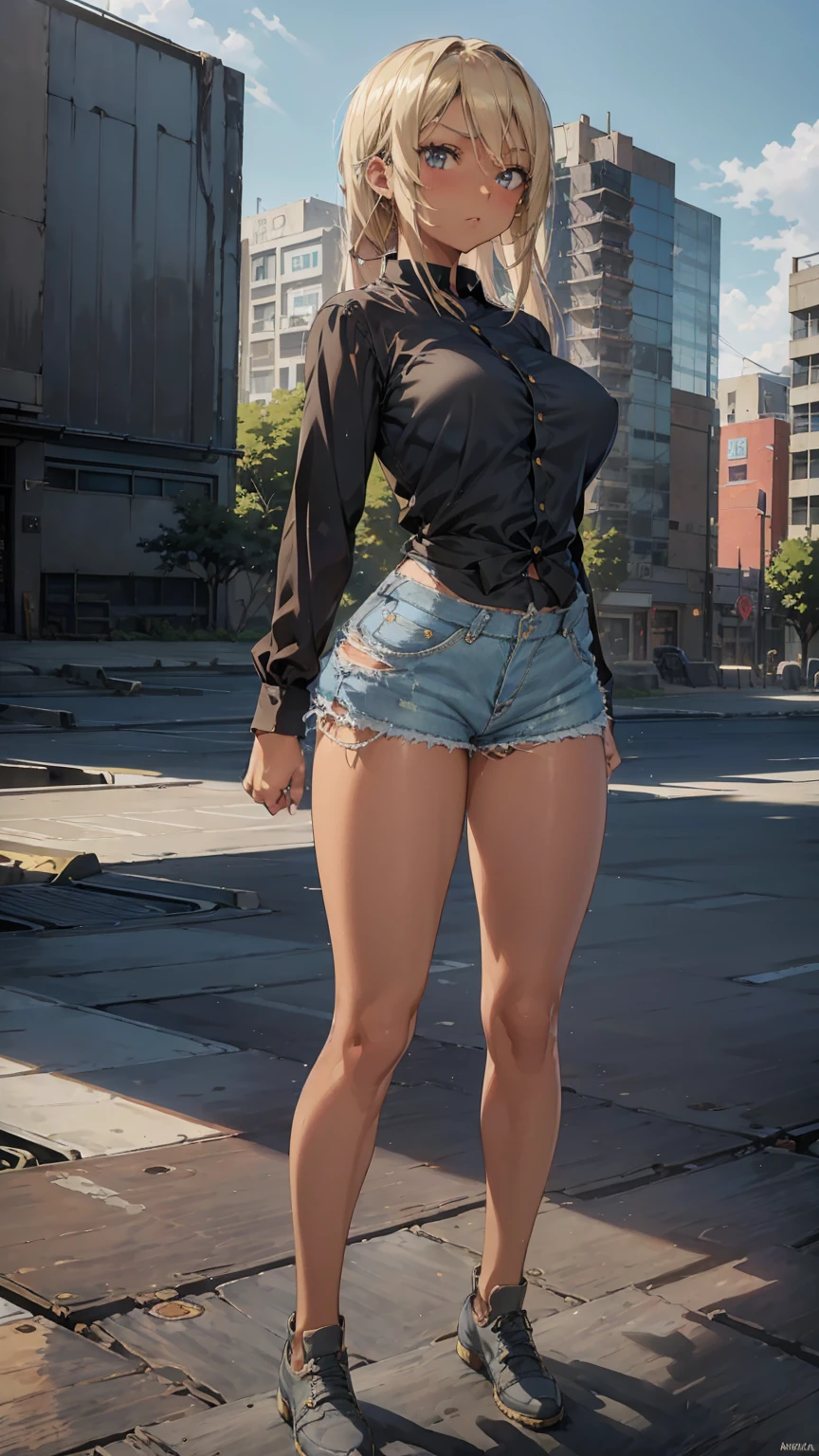 1girl, anime woman, anime, (dark skin), 2d woman, 25y, (fullbody), standing, anime girl, serious, (blonde hair), ((black blouse)), Solo, Slim, large breasts, black shirt, simple city background, city, looking at viewer, darker shadows, (((Short shorts, denim shorts))), (((absurdres)))