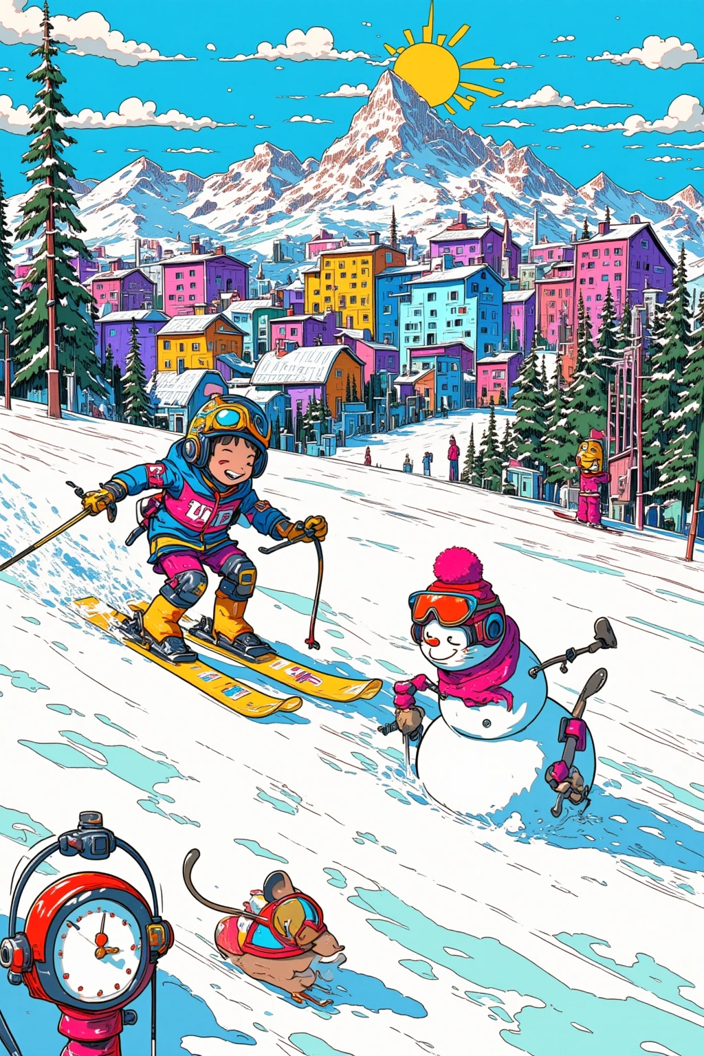  Alpine Skiing 猫娘 ,slalom,cartoon,cartoon,Stuffed Toy Art , Chill Hop,  album art,  Art depicting pop characters  ,  Psychedelic Hip Hop album art ,   promotional art , Downhill, snowman, Snowflakes ,Olympic,clock,Thief Cat Chasing Mouse 