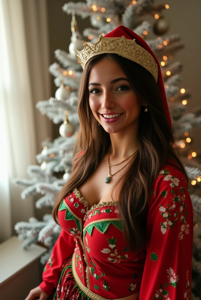  a Brazilian woman , with Christmas clothes next to a white Christmas tree