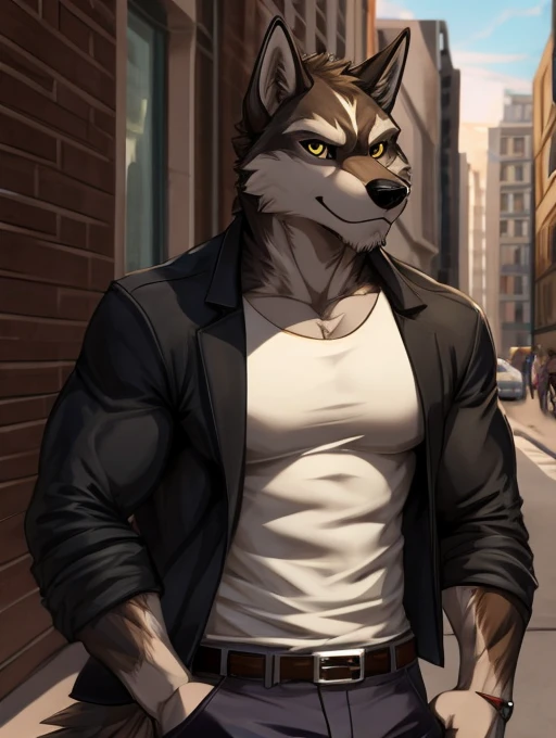 Masterpiece, Solo, Furry Brown husky, Yellow Eyes, Muscular Body, Cool Pose, Handsome, Good Looking, Adult, Fierce, Smirking, Casual Clothes, Street