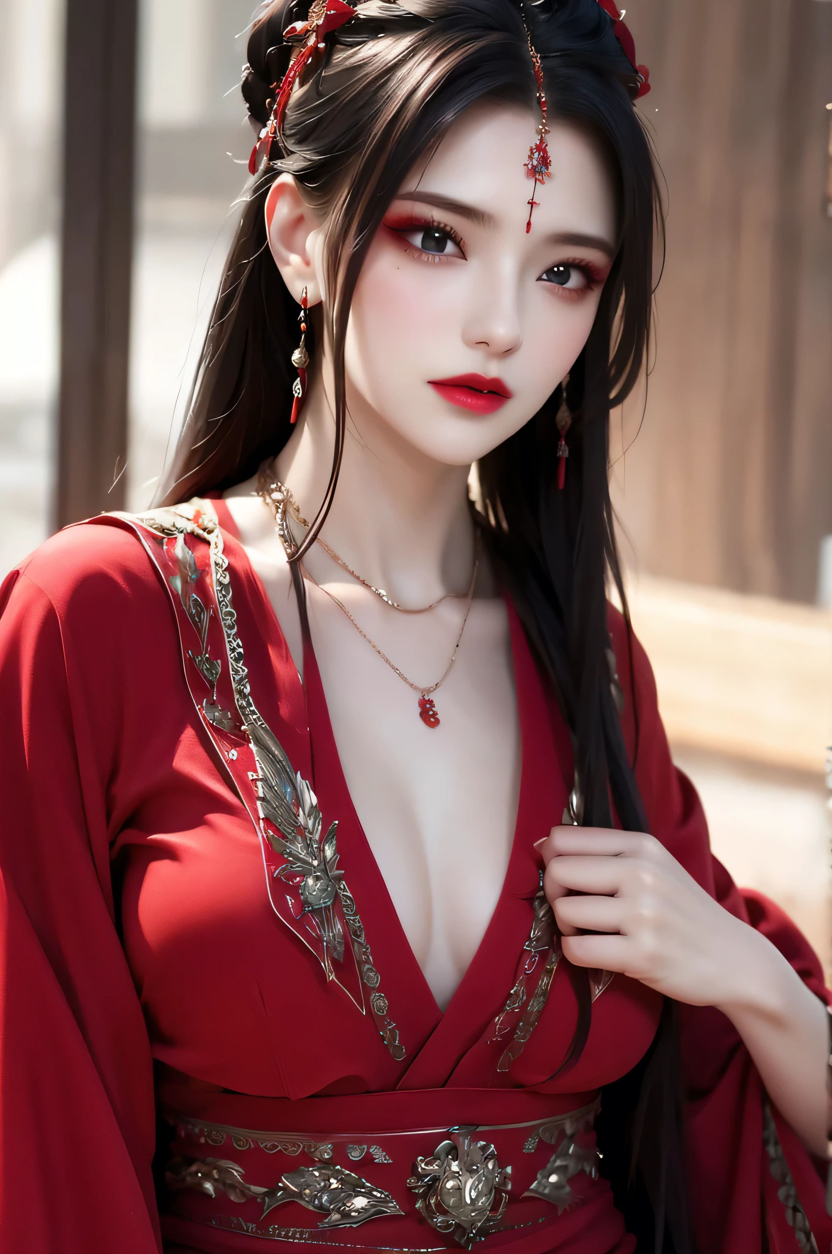 ,best quality,masterpiece,highres,official art,extremely detailed cg unity 8k wallpaper,jiapliqiao,1girl,long hair,1girl,jewelry,solo,earrings,red lips,hair ornament,makeup,realistic,red dress,necklace,(full_shot:1.3),