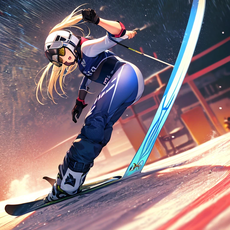 speed skating、arena、Beauty、Drop your hips as low as possible to the ground、ski at full speed、serious expression、thick thighs、goggles、cute face、meaty