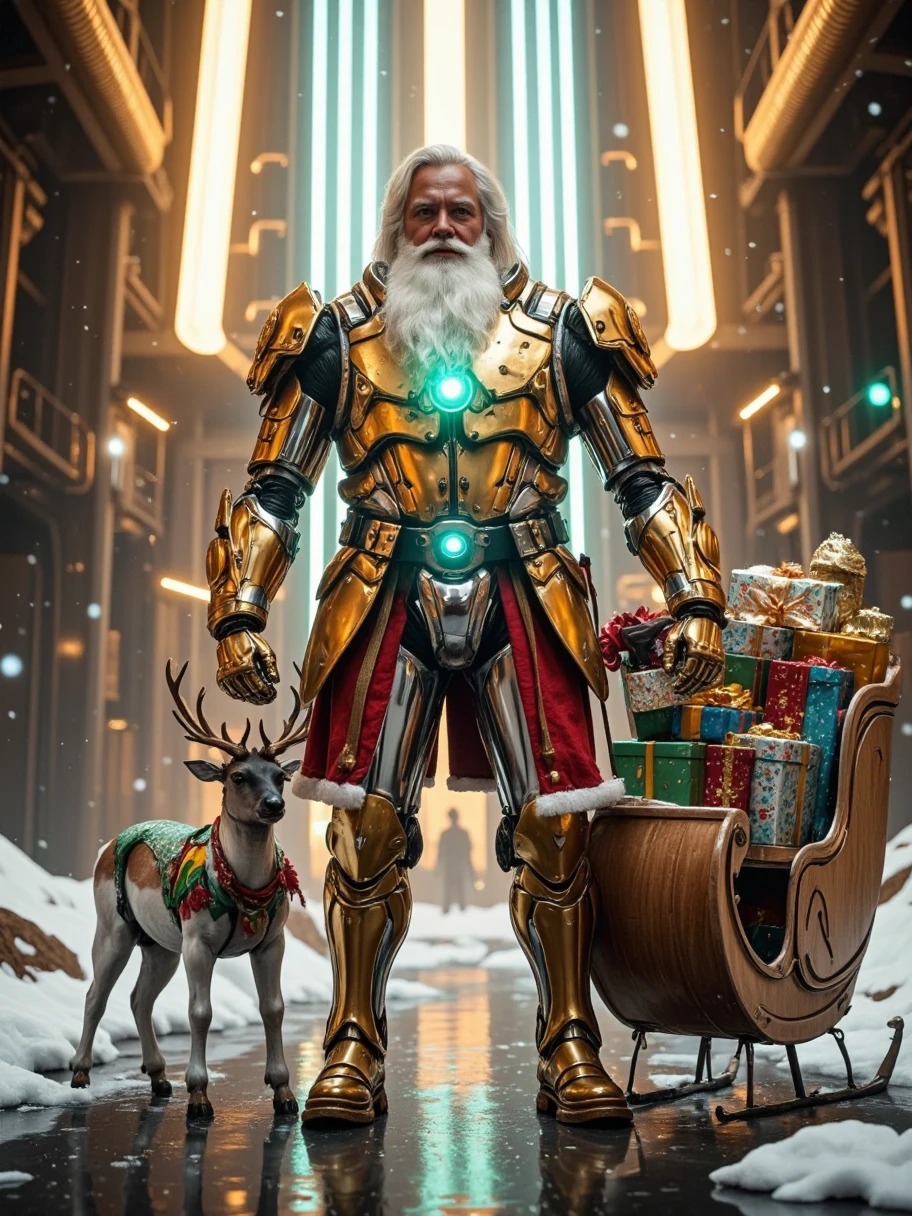 Design an epic, cinematic portrayal of a futuristic cybernetic Santa Claus standing in a glowing, high-tech industrial environment with a Christmas theme. The cyber-Santa is an imposing figure, towering over its surroundings with a blend of traditional Santa features and sleek robotic enhancements. His Santa-like face retains a striking resemblance to the classic figure, with a jolly red-cheeked appearance, but his eyes gleam with a mechanical glow, suggesting advanced AI intelligence. The texture of his skin is a mix of organic smoothness and metallic panels, seamlessly integrated into his body. Santa’s limbs are powerful and fully robotic, constructed with a combination of shining chrome and gold alloy, showcasing intricate details like gears, wires, and illuminated circuits. His chest is fitted with a pulsating, neon-green energy core that emits a faint hum, glowing like the heart of an advanced power source. He is standing upright, his posture both natural and intimidating, giving off a commanding presence. In his hands, Santa holds a magnificent traditional Christmas sleigh. The sleigh is crafted with precision, its wooden frame gleaming with a warm patina. The runners are polished to a smooth finish, as if ready to glide effortlessly over the snow. Harnessed to the sleigh are a team of robotic reindeer, their eyes glowing with a soft blue light. The sleigh is filled with an assortment of beautifully wrapped gifts, each one a work of art in itself. Santa also wears a large Christmas backpack, bulging with more presents. The backpack is made of a durable fabric with festive patterns, and it has shiny buckles and straps that add to its charm. The gifts and the sleigh are symbols of the joy and generosity of the Christmas season. The setting is a sprawling, futuristic industrial complex bathed in a cinematic haze of golden light, with a Christmas twist. Overhead, massive beams of white and blue light pour down from suspended energy conduits, creating dynamic shado