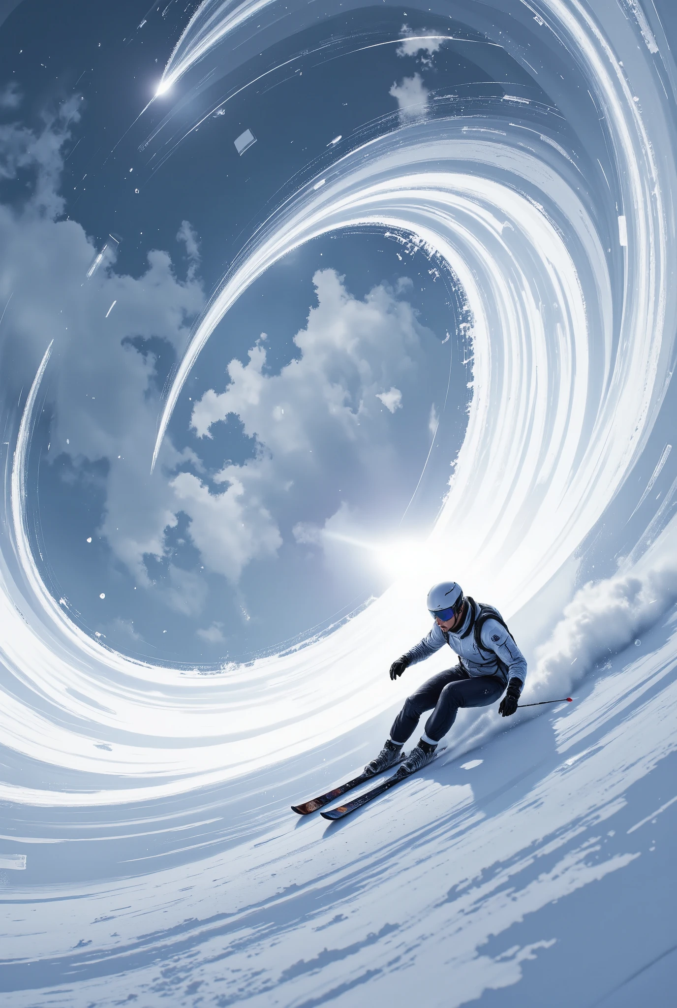 (masterpiece:1.2, Outstanding quality ,Mirror finish, cinematic experience , Best Illustrations, super detailed),8k,16k, ski sprint,( an alpine ski player gliding down a steep slope at high speed:2.0),(From below:2.0),( representing super speed of light with beautiful white time lines :2.0),( The background is a wormhole composed of snow and a subspace :2.0),( motion blur ),(The background is an alpine ski racetrack :2.0),( Dynamic:2.0)