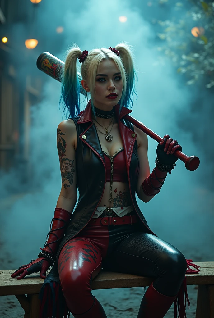 Best Quality, Ultra-High Definition, 8K Resolution, 32K Resolution, Masterpiece, High Detail, Ultra-Detailed, Photorealistic, Hyper-Realistic, Extremely Detailed, High Fidelity, Crisp Details, Sharp Focus, Realistic Textures, Intricate Details, Highly Detailed Eyes, Realistic Skin Texture, full body shot, close up, harley quinn, skinny body, in open femdom clothes, edgy and bold long hairstyle, bdsm atmosphere, kneeling with legs spread, slim figure, small breasts, seductive cyberpunk dark fantasy, dark fantasy mixed with realism