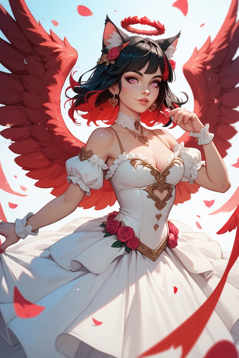 (Masterpiece, best quality: 1.2), a girl with phoenix wings standing in a ring of fire, with glowing red eyes, phoenix, lotus flowers, red gold pink, sunrise from mountain at the background