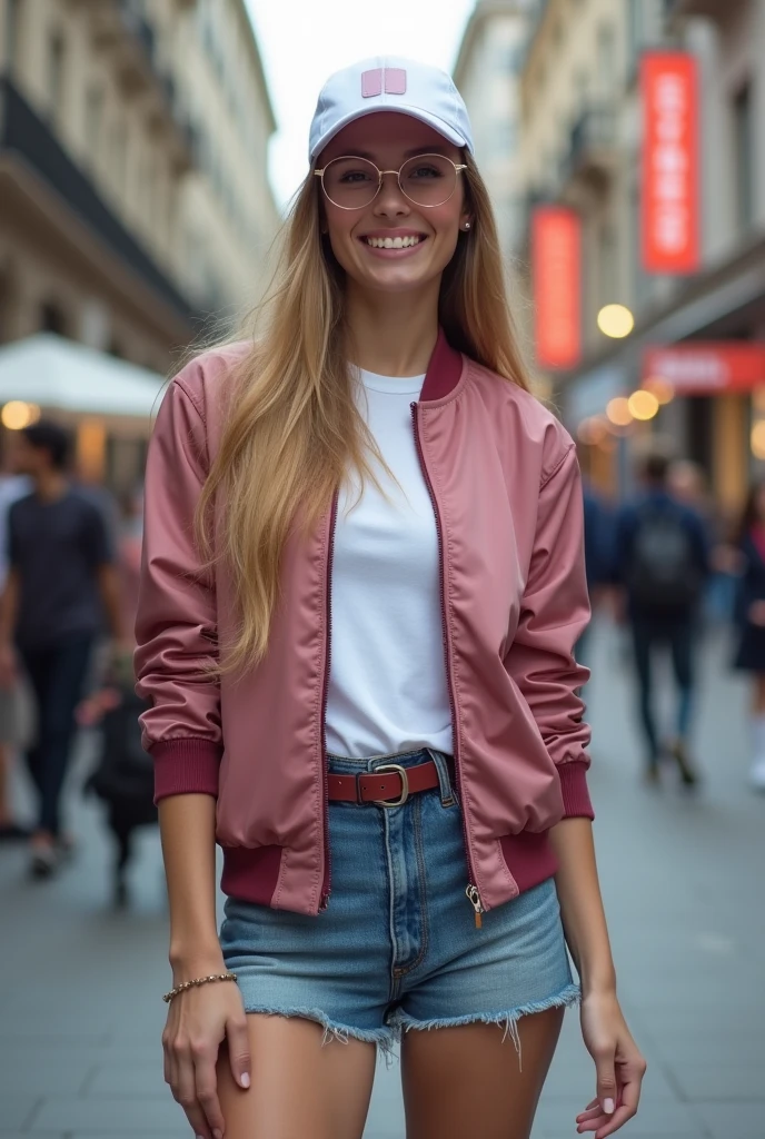 Foto cuerpo entero de una mujer rubia, 20 years old who has a very natural face., labios delgados, ojos delgados color verde, cejas finas, nariz fina, long eyelashes. It's winter and she is wearing a lot of clothes and walking around Moscow. She is wearing a pink jacket with long jean pants, scarf and gloves and sunglasses
