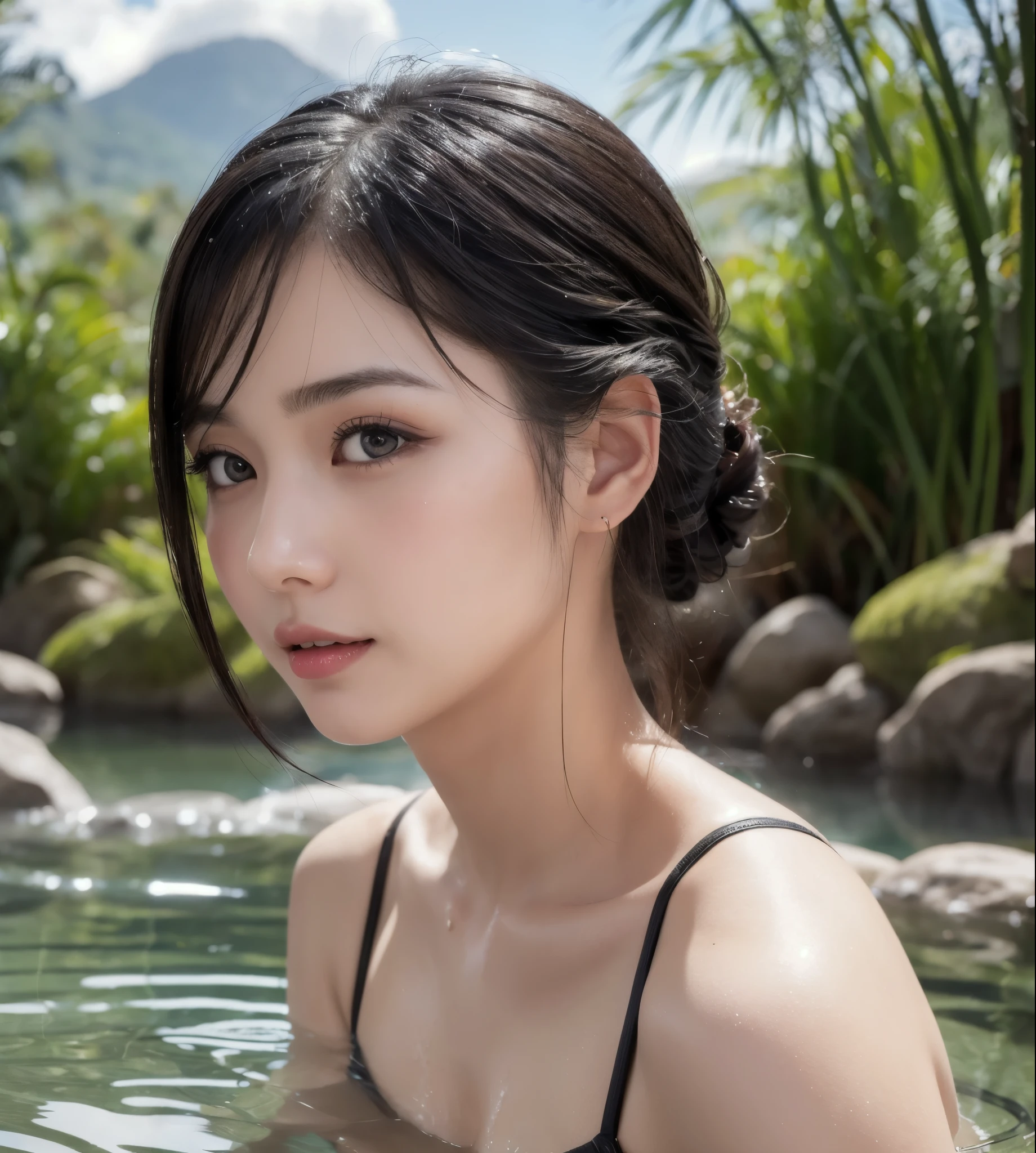 Highest quality, masterpiece, Ultra-high resolution, Supermodels bathing in Japanese hot springs, Outdoor hot spring, Stone hot spring, Moss and tree々Surrounded by, Super beautiful face, Pure Body, I can see my pores, (smile:0.8), Wearing split (lace headband:1.2), (realism:1.5), Original photo, Soaking wet, Sweaty, Bare shoulders, In the Dark, Deep Shadow, Low Key, Cold Light