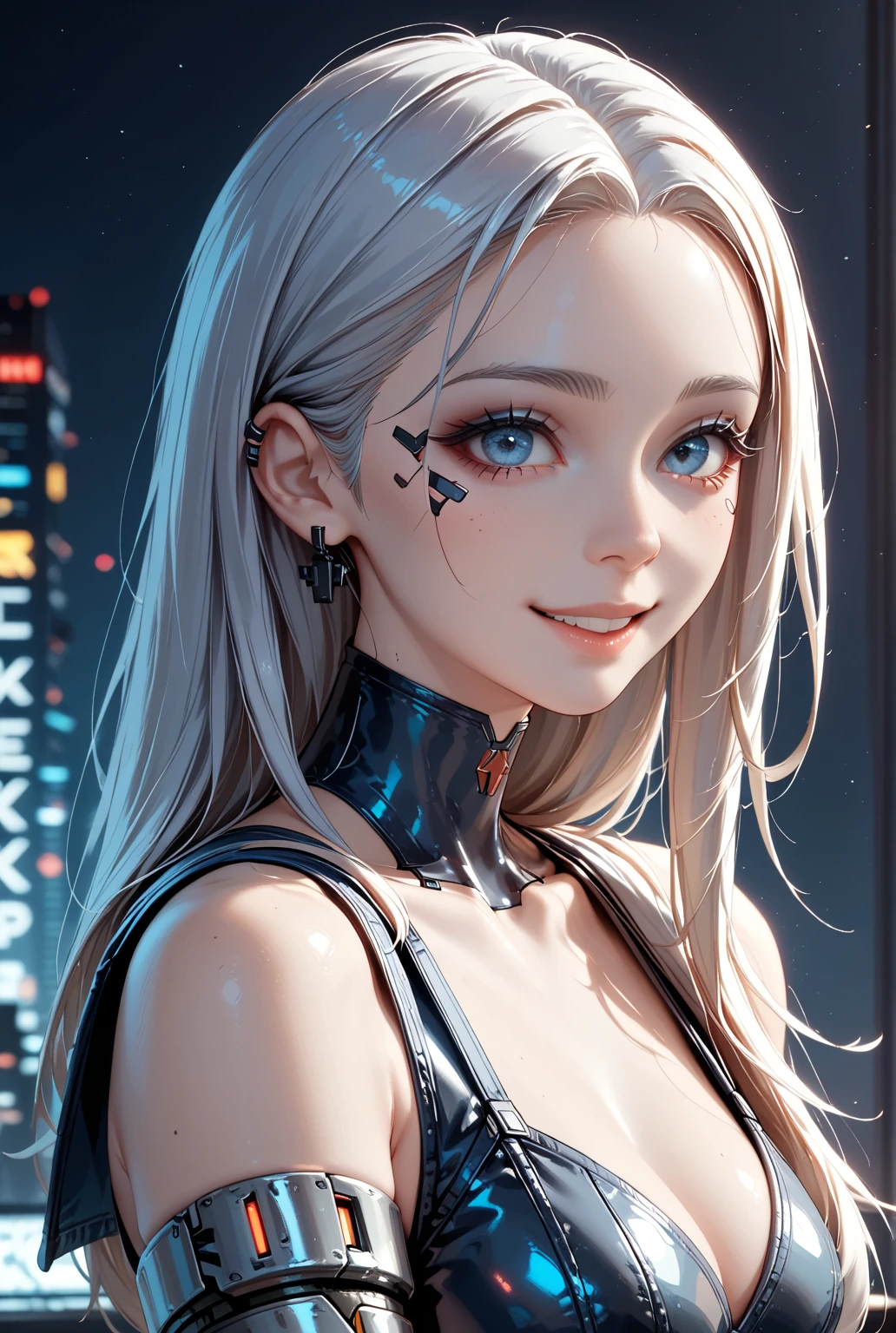 (photorealistic:1.8, highest quality:1.8,8K masterpiece:1.8,High resolution,muste piece:1.8,RAW Photos,cinematic lighting),No split screen, cyber punk、Back alley of the city at night、rain-soaked ground、vapor、 (1 android girl:1.3)、Completely naked、Full body tattoo、choker、beautiful breasts、shirt、Denim Micro Shorts、beautiful butt,beautiful thighs,plump nipples、Nipples are visible through the costume,cameltoe,Body painting with a pop design drawn all over the body、pop art design、cutting edge fashion、conceptual art、 (Beautiful shining blue-white-gray hair:1.5)、shining blue eyes、Stoic