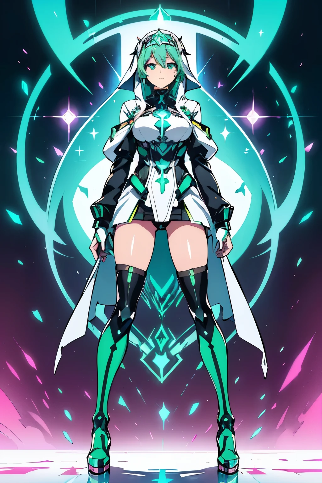 Anime, Girl, (((1girl))), (((Waifu, Xenoblade Chronicles 2, Pneuma Waifu))), (((Seafoam Green Hair, Long Hair))), ((Seafoam Green Eyes eyes:1.3, Upturned Eyes: 1, Perfect Eyes, Beautiful Detailed Eyes, Gradient eyes: 1, Finely Detailed Beautiful Eyes: 1, Symmetrical Eyes: 1, Big Highlight On Eyes: 1.2)), (((Lustrous Skin: 1.5, Bright Skin: 1.5, Skin Fair, Shiny Skin, Very Shiny Skin, Shiny Body, Plastic Glitter Skin, Exaggerated Shiny Skin, Illuminated Skin))), (Detailed Body, (Detailed Face)), (((Stoic expression))), Young, Idol Pose, (Best Quality), ((((Nun Robes))), (((Habit))), ((((Techwear))), (((Thigh-high Heeled Boots))), Holy Cross Motif), High Resolution, Sharp Focus, Ultra Detailed, Extremely Detailed, Extremely High Quality Artwork, (Realistic, Photorealistic: 1.37), 8k_Wallpaper, (Extremely Detailed CG 8k), (Very Fine 8K CG), ((Hyper Super Ultra Detailed Perfect Piece)), (((Flawlessmasterpiece))), Illustration, Vibrant Colors, (Intricate), High Contrast, Selective Lighting, Double Exposure, HDR (High Dynamic Range), Post-processing, Background Blur