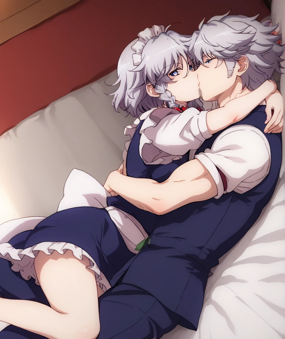  Sixteen Night Sakaki Night （ Touhou Project）, maid clothes,Thighs, Silver Hair, blue eyes, Viewer Target, smiles gently,indoor,touching your own hair, pants, men hug women ,Kiss,Man pushes woman down on her back, bed,男性が女性のThighsを撫でる