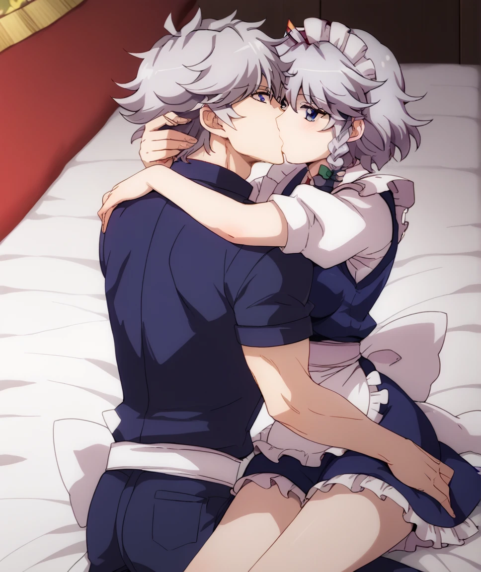  Sixteen Night Sakaki Night （ Touhou Project）, maid clothes,Thighs, Silver Hair, blue eyes, Viewer Target, smiles gently,indoor,touching your own hair, pants, men hug women ,Kiss,Man pushes woman down on her back, bed,男性が女性のThighsを撫でる