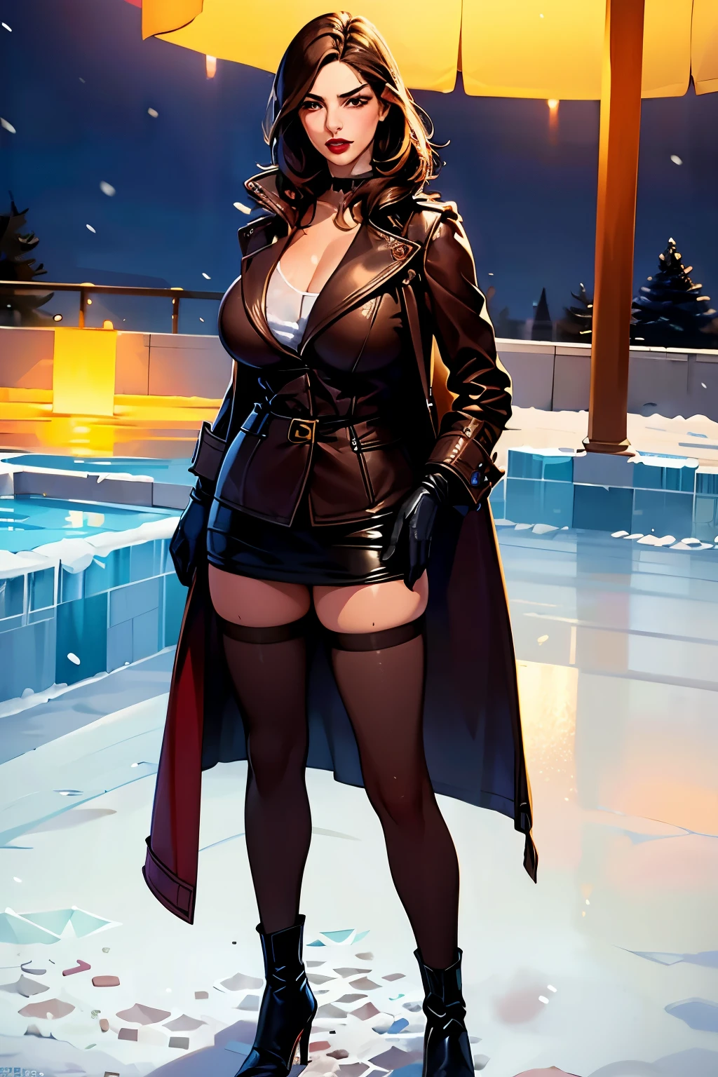 La mujer, botas hasta la rodilla, medias, stockings, (((long coat, gloves))), botas altas, (dark,noche, night)). muy detallado, Realistic long-term photography, 4k, pelo largo, brown hair, By the chestnut, labios rojos, gargantilla, chocker, sexy,red lips, brown eyes, big breasts, pechos grandes, breasts, Lucia Auditore))), (((ice palace, steamy, cold,hielo, snow)))