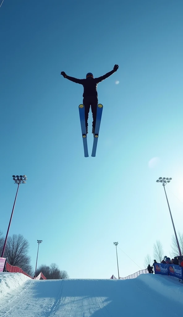 Realistic, theme is "Ski Sprint", ski jumping competition, the moment when the jumper takes off and takes off into the air, the heroic figure of the jumper wearing helmet and goggles flying in the blue sky, detailed side view, arms spread and skis in a V-shape for a beautiful flight, sophisticated design, advanced lighting technology, real photo 8K quality