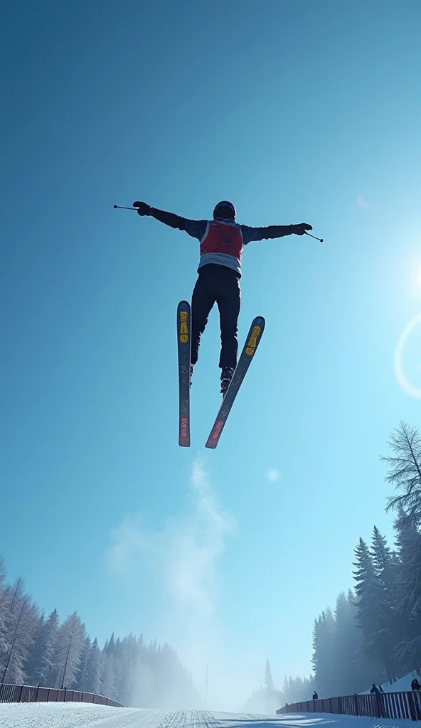 Realistic, theme is "Ski Sprint", ski jumping competition, the moment when the jumper takes off and takes off into the air, the heroic figure of the jumper wearing helmet and goggles flying in the blue sky, detailed side view, arms spread and skis in a V-shape for a beautiful flight, sophisticated design, advanced lighting technology, real photo 8K quality