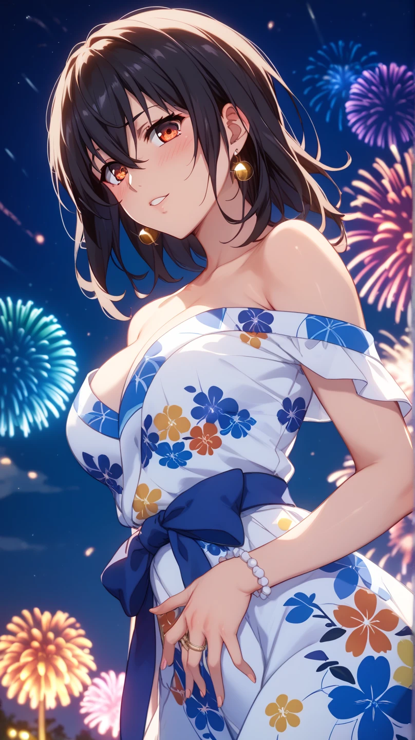 ( super high resolution 、 Max Image、 top quality、 detailed details )、(Himeragi Yukina)、 1 woman、solo、 black hair、Shiny Hair、 bangs between eyes、 orange eyes 、Glamorous eyes、 textured skin、Summer Yukata、Navy Blue、Flower pattern、Shiny Earrings、 standing、 spread their hands、front、 from before、blush、 smiles、Fireworks、Summer night sky