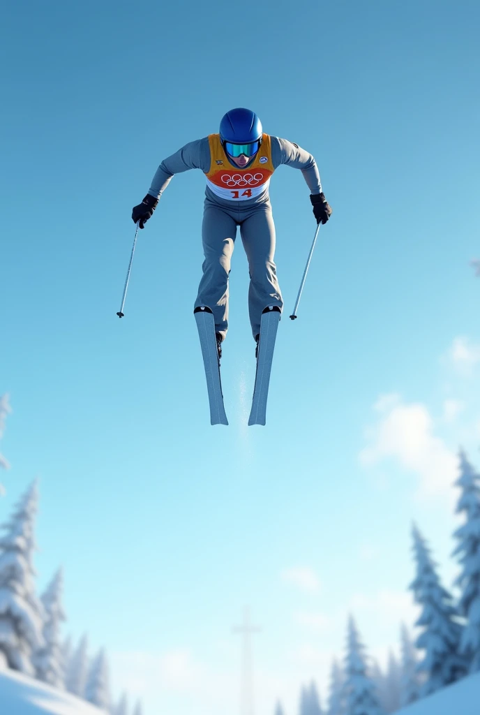 Realistic, theme is "Ski Sprint", ski jumping competition, the moment when the jumper takes off and takes off into the air, the heroic figure of the jumper wearing helmet and goggles flying in the blue sky, detailed side view, arms spread and skis in a V-shape for a beautiful flight, sophisticated design, advanced lighting technology, real photo 8K quality