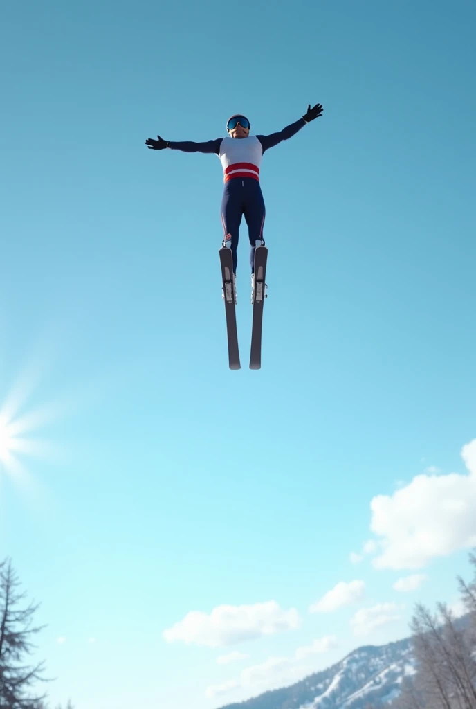 Realistic, theme is "Ski Sprint", ski jumping competition, the moment when the jumper takes off and takes off into the air, the heroic figure of the jumper wearing helmet and goggles flying in the blue sky, detailed side view, arms spread and skis in a V-shape for a beautiful flight, sophisticated design, advanced lighting technology, real photo 8K quality