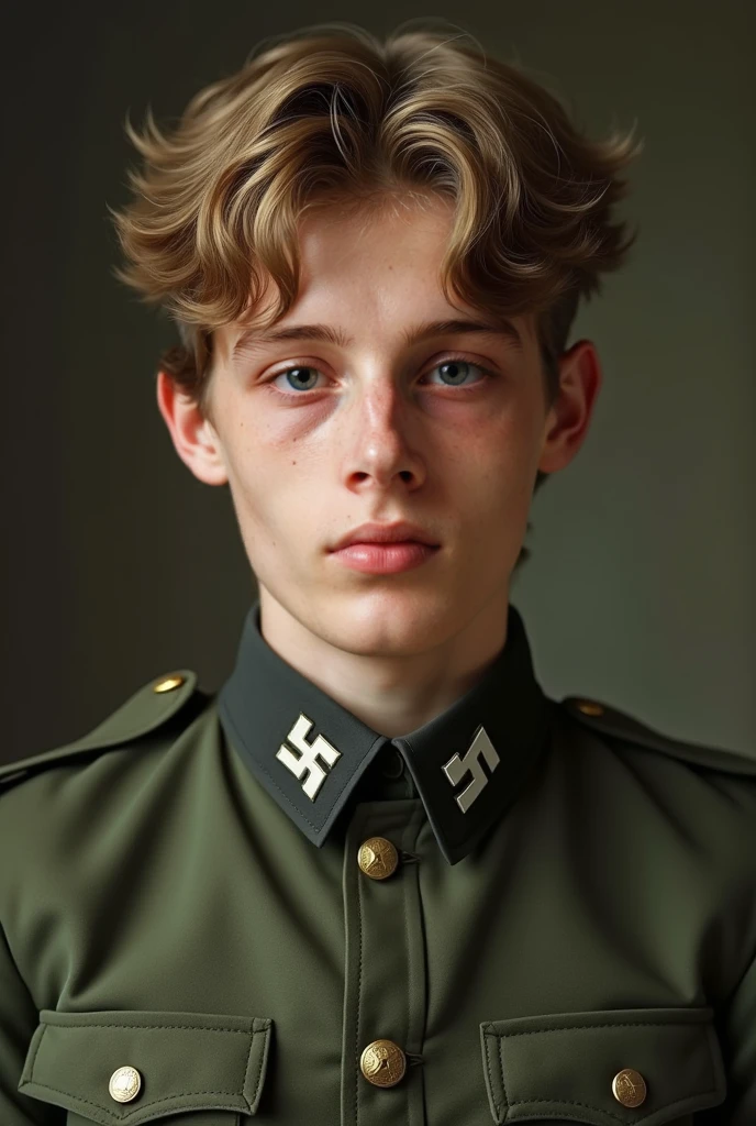 Create a high-resolution image of a very young crying  soldier wearing a very worn-out uniform. Half-body shot with a neutral blurred background.