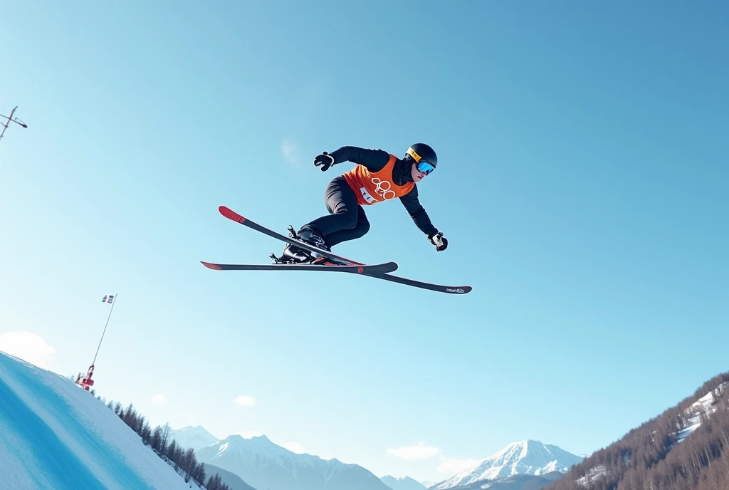 Realistic, theme is "Ski Sprint", ski jumping competition, the moment when the jumper takes off and takes off into the air, the heroic figure of the jumper wearing helmet and goggles flying in the blue sky, detailed side view, arms spread and skis in a V-shape for a beautiful flight, sophisticated design, advanced lighting technology, real photo 8K quality