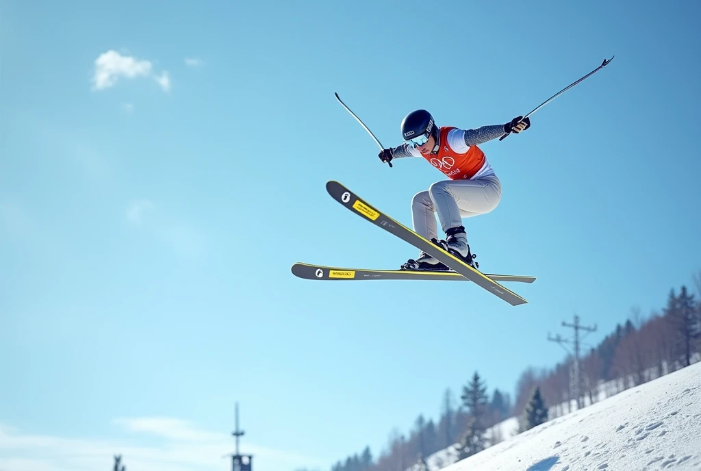 Realistic, theme is "Ski Sprint", ski jumping competition, the moment when the jumper takes off and takes off into the air, the heroic figure of the jumper wearing helmet and goggles flying in the blue sky, detailed side view, arms spread and skis in a V-shape for a beautiful flight, sophisticated design, advanced lighting technology, real photo 8K quality