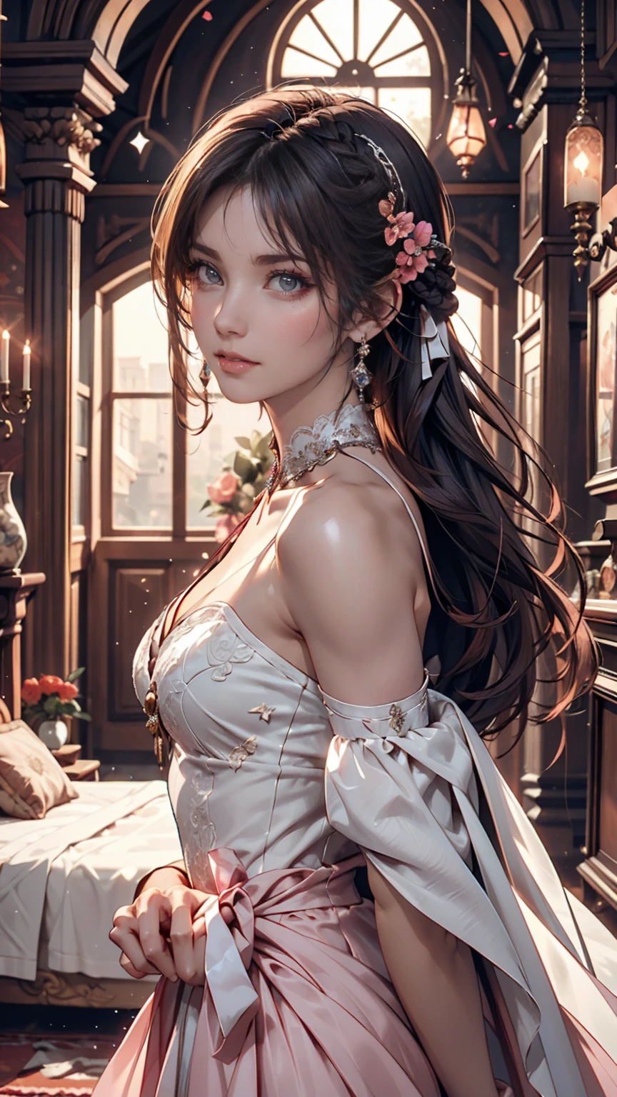woman, Severe, Warrior, armor, elegant, Pink Dress, Aristocratic, silver element, Long nails, Bare shoulders, Hairstyle, Put your hair up, Braids and ponytails, Messy, arrogant, Absurd, Detailed dress, Royalty, celebration, Hall decorated with flowers, Cowboy Shot, Portraiture, (Highest quality), (masterpiece), (Very detailed), (4K)、Sexy proportions、Sexy、adult、Narrow waist