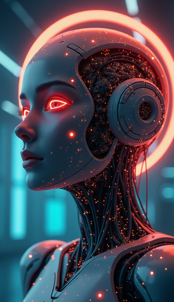 (Ethereal Cyborg Woman:1.4) , (bioluminescent jellyfish tiara:1.4) .( Steampunk goggles merge with translucent tentacles:1.4) . Cracked porcelain skin meets iridescent scales. (Mechanical implants and delicate tendrils intertwine:1.4) . Human characteristics with an otherworldly glow. (Dreamy aquatic tones contrast with aged metal:1.4) . Reflective eyes capture invisible worlds. Gentle bioluminescence meets a harsh desert landscape. (Fusion of organic and synthetic:1.4) , ancient and futuristic. Hyper-detailed textures, surreal atmosphere., high quality, (RAW photo, best quality), (realistic, photorealistic: 1.4), (extremely delicate and beautiful: 1.4), amazing, fine details, masterpiece, ultra detailed, high resolution, best illustration, best shadow, intricate, ( extremely intricate: 1.2), (exquisitely detailed skin), cinematic light, perfect anatomy, (cool color: 1.4), sharp focus, 8k UHD, DSLR, (Fujifilm XT3),(iluminación cinematográfica :1.4)
