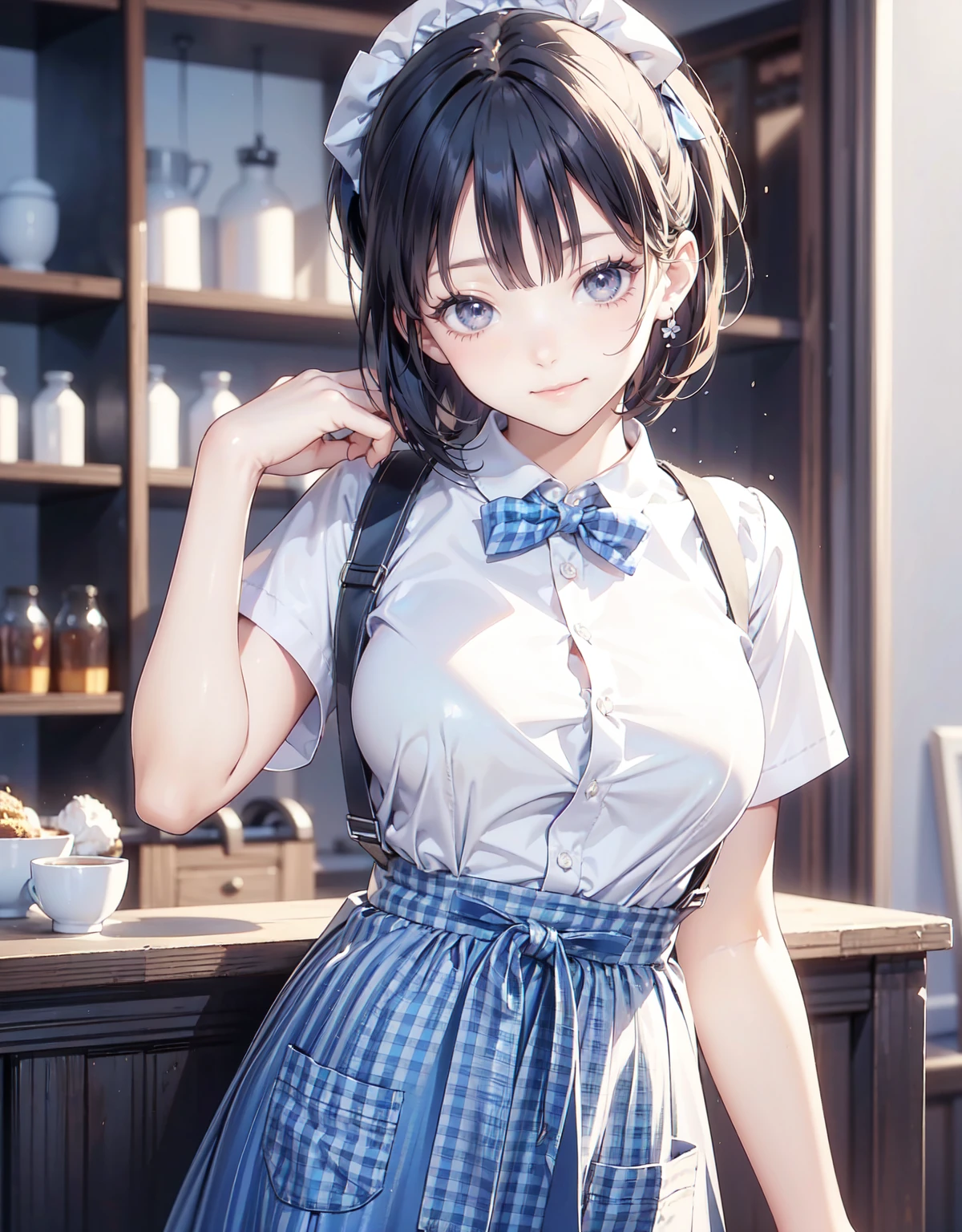 (​masterpiece、top-quality:1.2), cowboy  shot, 独奏, 1girl in, shirase sakuya, Look at viewers, High Ponytail, shiny oily skin with high contrast,, huge long breasts, Big breasts emphasis、独奏、 blue bowtie, White shirt, Short sleeves, Blue skirt, Blue apron, Gingham Apron, employee uniform, high waist skirt, woman samurai, Open kitchen,,(Skirt lift:1.3), (white  panties:1.3)、(Skirt that rolls up:1.3)、(Fully exposed panties:1.5)、Smile with open mouth