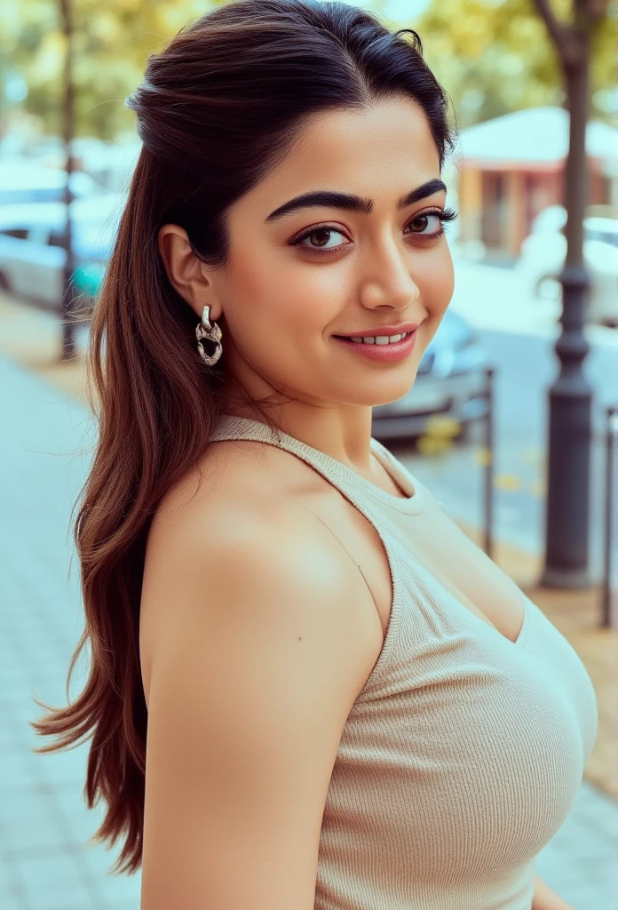 Face mix of Shailesh Dinanth Parate with Hansika Motwani- "A fashionable woman wearing a series of Kallan Knit Dresses in different styles and colors. One dress is a knee-length, fitted style in burgundy with a high neckline, while another is a looser fit in a soft beige color. A third dress has a turtleneck in dark green and a midi length. The outfits are designed for cooler weather, styled with ankle boots, knee-high boots, and different accessories like crossbody bags, scarves, and layered coats. The woman's hair varies between loose waves, sleek ponytail, and casual buns. The background shows an autumn street with fallen leaves and cozy city vibes." different style and color, Perfect image, perfect face, beautiful face, figure, details eyes, details lips long hair, perfect curve big breast, perfect eyes, beautiful face
