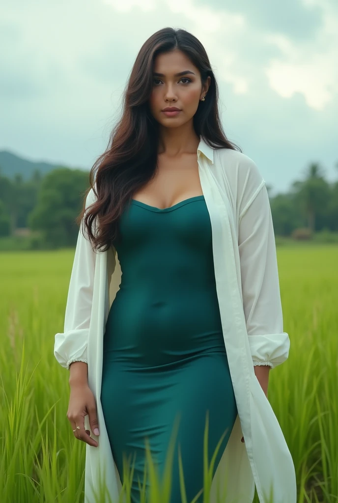 Photorealistic image of a woman with long dark open hair, wearing a teal dress and a white oversized shirt, standing in a rice paddy field under a partly cloudy sky. The image should have a cinematic feel, with soft natural lighting and a shallow depth of field. The woman should have a confident and slightly serious expression. High resolution, 8k, detailed.