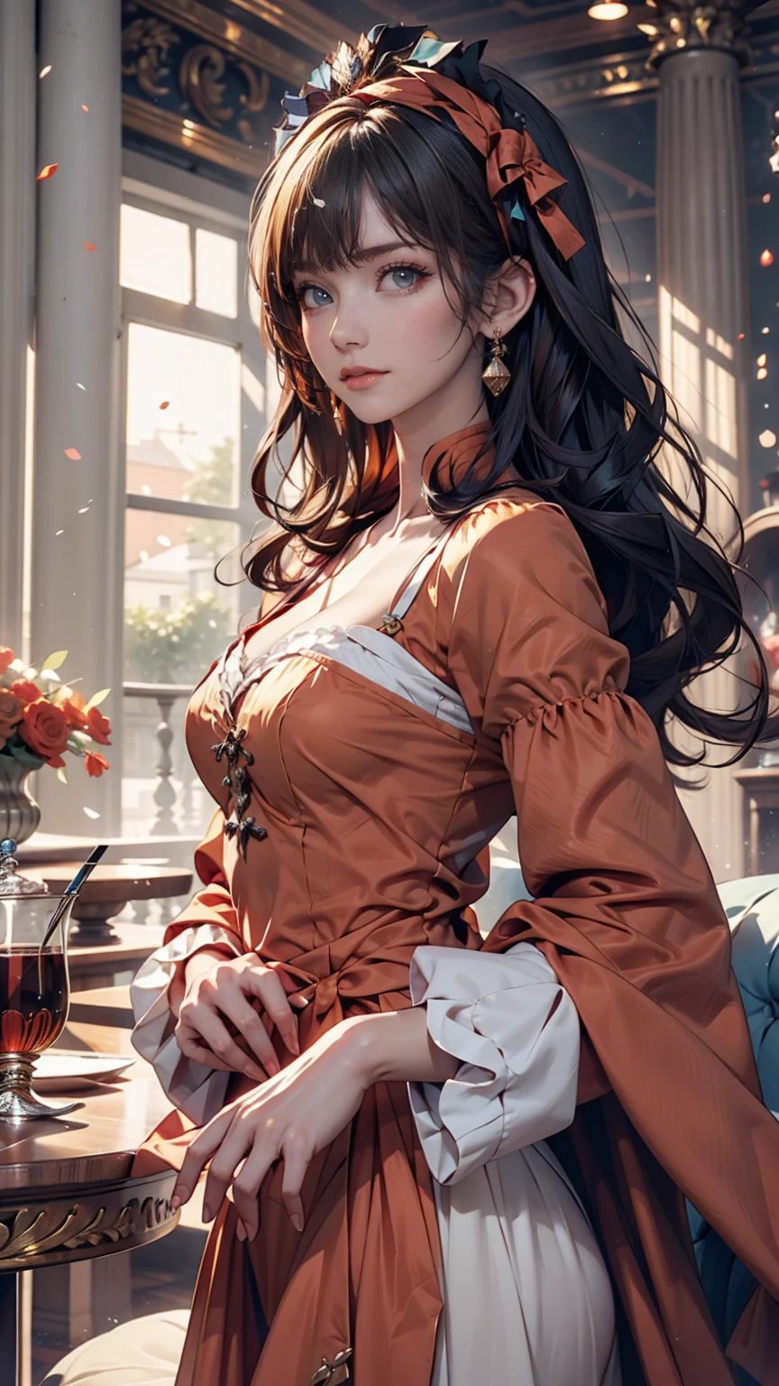 Gray-haired woman, Grey Eyes, Royalty, Red dress, Red Jewelry, Red earrings, Lunar, noble, Lady, high quality, Very detailed, Detailed face, masterpiece, city, Drinking tea, garden, Flowers, Light
