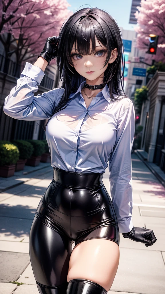 1girll，wearing  shirt，Very skinny,Model figure，Long legs，blackstockings