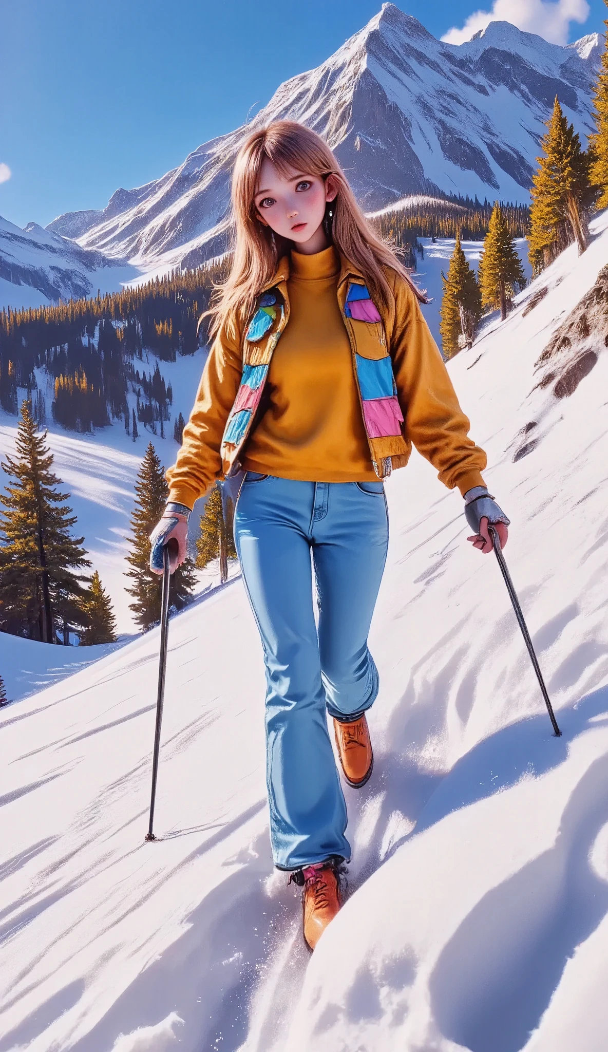  Colorful illustration , (( medium-far plane :1.3,  half profile camera medium angle up,  general plan :1.4)),  full body ,  Anatomically correct,  skier clothing ,  ski goggles , ( a skier racing down a snowy slope , Dynamic motion blur,  extreme speed , blowing snow , dramatic lighting, cinematic composition,  breathtaking alpine landscape ,  beautiful detailed face , Muscular athletic body,  tight-fitting ski suit ,  detailed textures ,  hyper-realistic , Photorealistic, 4k, masterpiece)