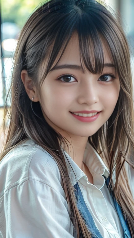 One lady、poneyTail, Show white teeth and smile, Brown hair, azure eyes、Large ribbon、