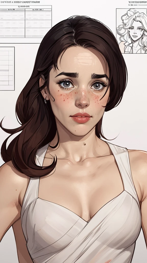 Character style illustration style Completely bare breasts showing small fear Breast size Cartoon name: Isabella Cruz white background medium breasts freckled face Jennifer Connelly actress strong contours Physical description - long straight hair, tingidos de um marrom vibrante que contrasta com sua pele clara.
- You reflect a mix of curiosity and determination.
- Ela tem uma estatura alta, with a slender and agile figure, evidenciando sua agilidade e destreza.
-fundo colorido 
 Design de personagens de retrato, beautiful digital illustration, retrato de alta qualidade, Arte em quadrinhos, Corpo inteiro sensualizando ou pelada. folha de retorno. return sheet member clothes of the day first summer day