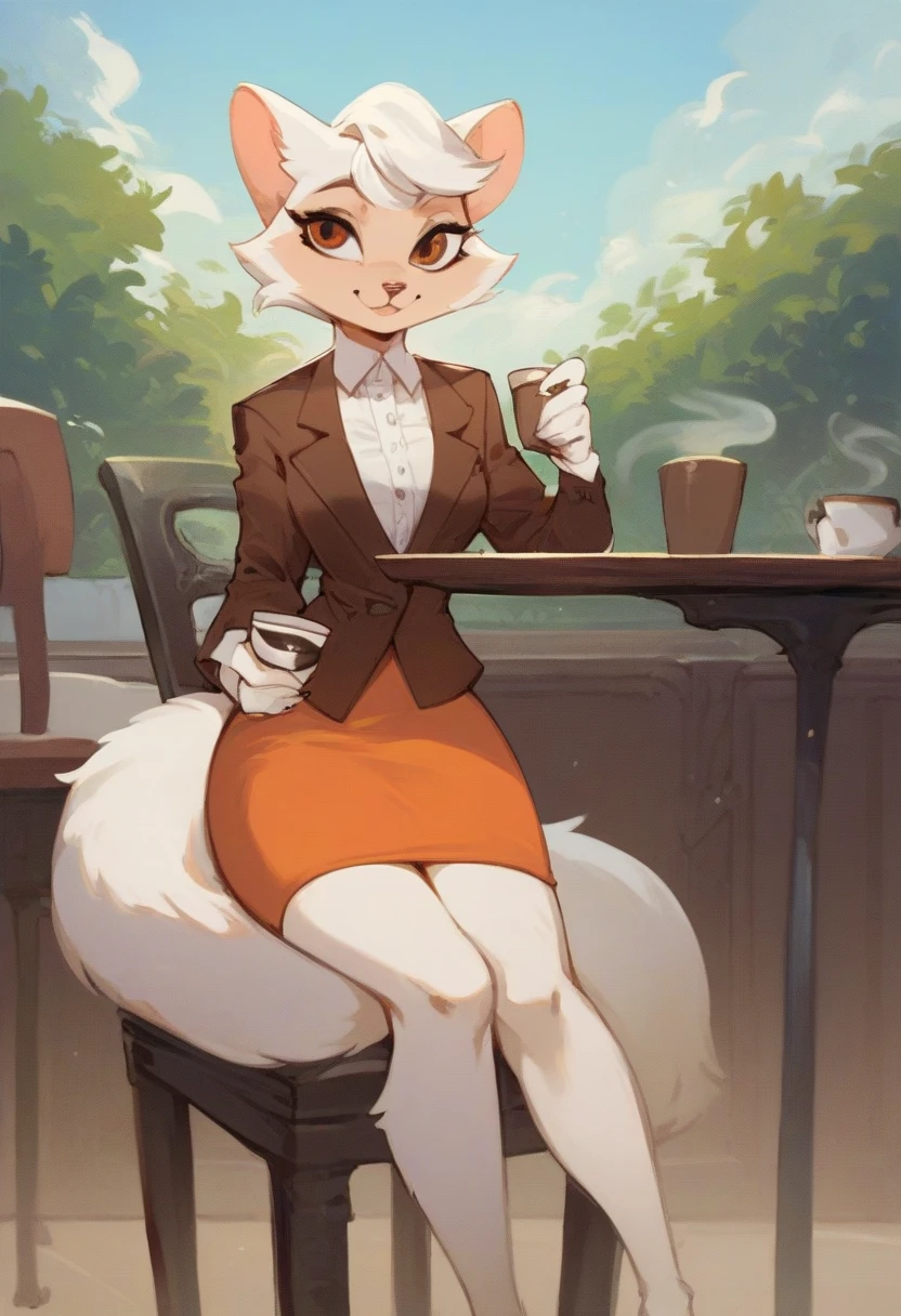 score_9, score_8_up, score_7_up,((best quality)), absurdres, SawyerCDDPXL,furry female, furry, tail,animal ears, brown eyes, white hair, white fur, short hair, skirt, orange skirt,brown office jacket,slim,sitting, chair, table,outside,holding coffee