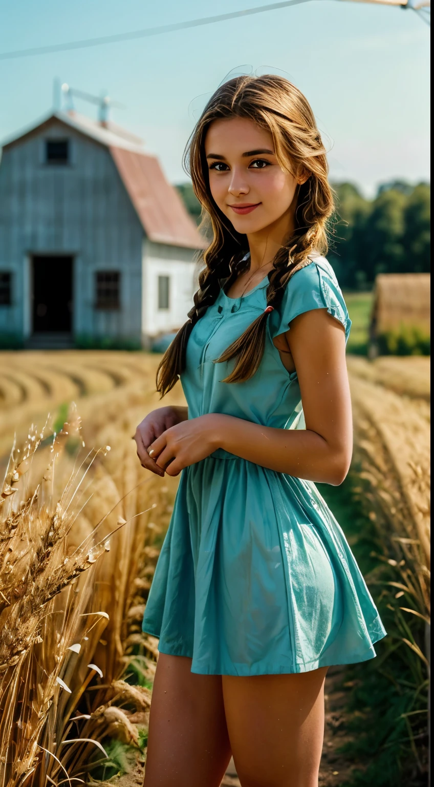 1girl, 20 years old, tall and attractive, wearing a cute country dress, hair braided, standing in a rustic farm setting. She has a soft, gentle smile and expressive eyes. In the background are charming barns, golden wheat fields and clear blue skies. The composition should be bathed in warm golden hour light, with soft depth of field and soft bokeh to accentuate the idyllic tranquility. Capture images as if they were shot on vintage 35mm film for added oomph, filmg,