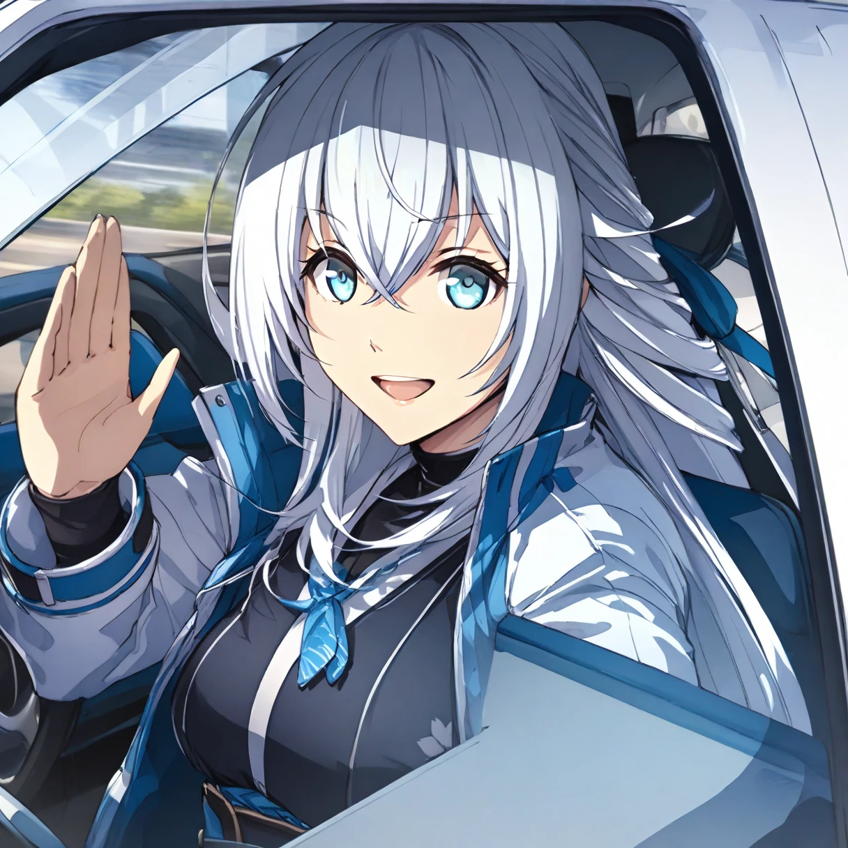 (masterpiece),( top quality),( ultra detail),( Best Illustrations),( vest shadow),( absurd),( Detailed Background ),(very aesthetic),Shizuna Rem Misurugi,  1 girl, Car interior,  steering wheel ,  long hair, Alone,  open mouth, chest, Seat belts, drive, smile,  Silver Hair,  blue eyes, Kuro 1 