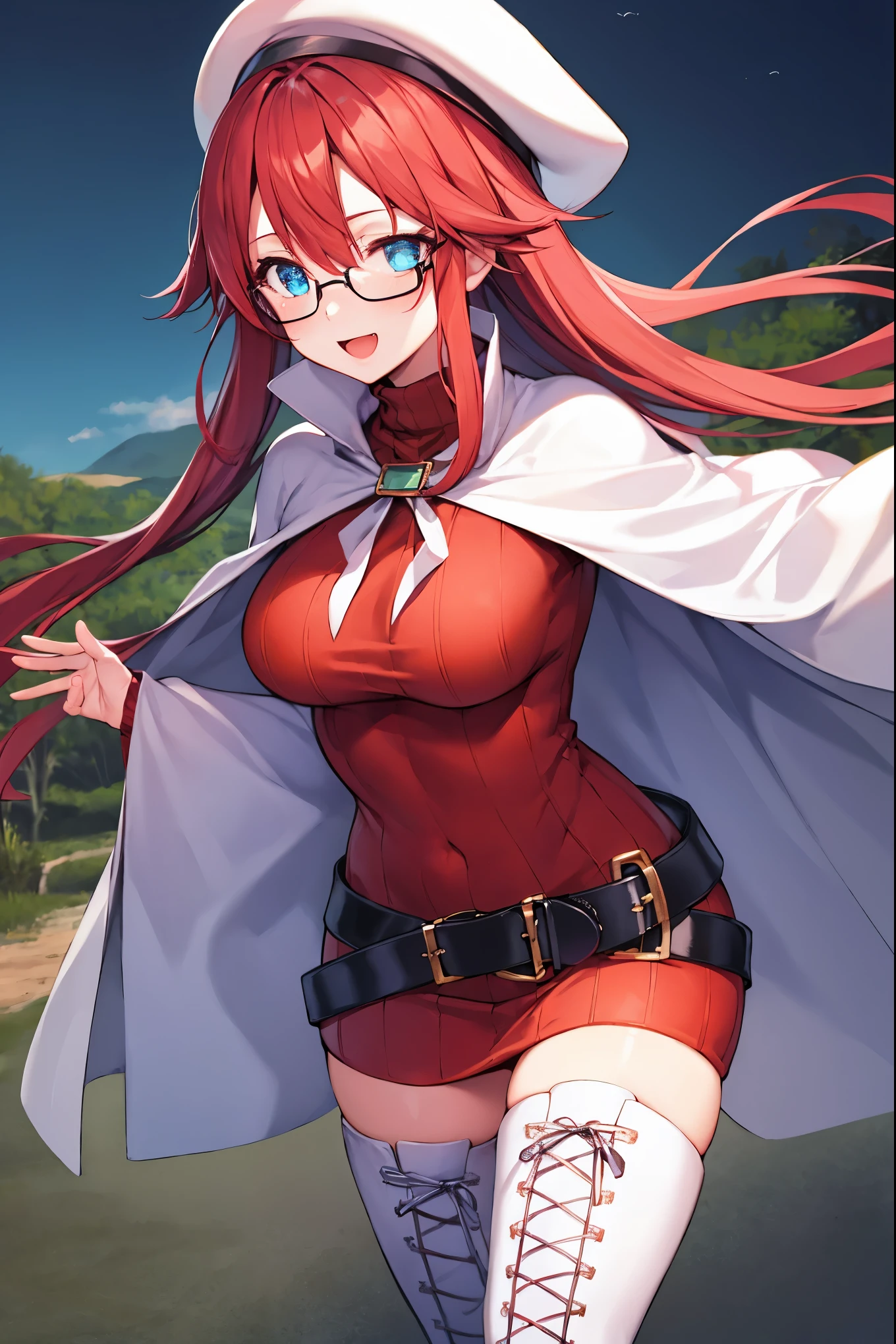 masterpiece, best quality, integrated scenery, integrated background, extremely delicate and beautiful, meticulous details, good composition, cute face, perfect face, perfect hands, best quality, summonnightaty, aty, (young:1.3),long hair, blue eyes, red hair, large_breasts, hat, glasses,
BREAK long hair, thighhighs, dress,  glasses, belt, cape, sweater, zettai ryouiki, beret, thigh boots, white footwear, ribbed sweater, loose belt,solo,
BREAK  fantasy,
,Highquality_hads,perfect_fingers,
BREAK (masterpiece:1.2), best quality, high resolution, unity 8k wallpaper, (illustration:0.8), (beautiful detailed eyes:1.6), extremely detailed face, perfect lighting, extremely detailed CG, (perfect hands, perfect anatomy),(covered_nipples:0.7),(covered_navel:0.7) ,half_eyes,sleepy_eyes,red_sweater,apart_knees,spread_legs,rise_knee,Smile,rise_hand,open_arms,bluesky_landscape,(plump:0.6),open_mouth, dynamic_angle,solo,walking, slouch,half_eyes, head_wind,side_view