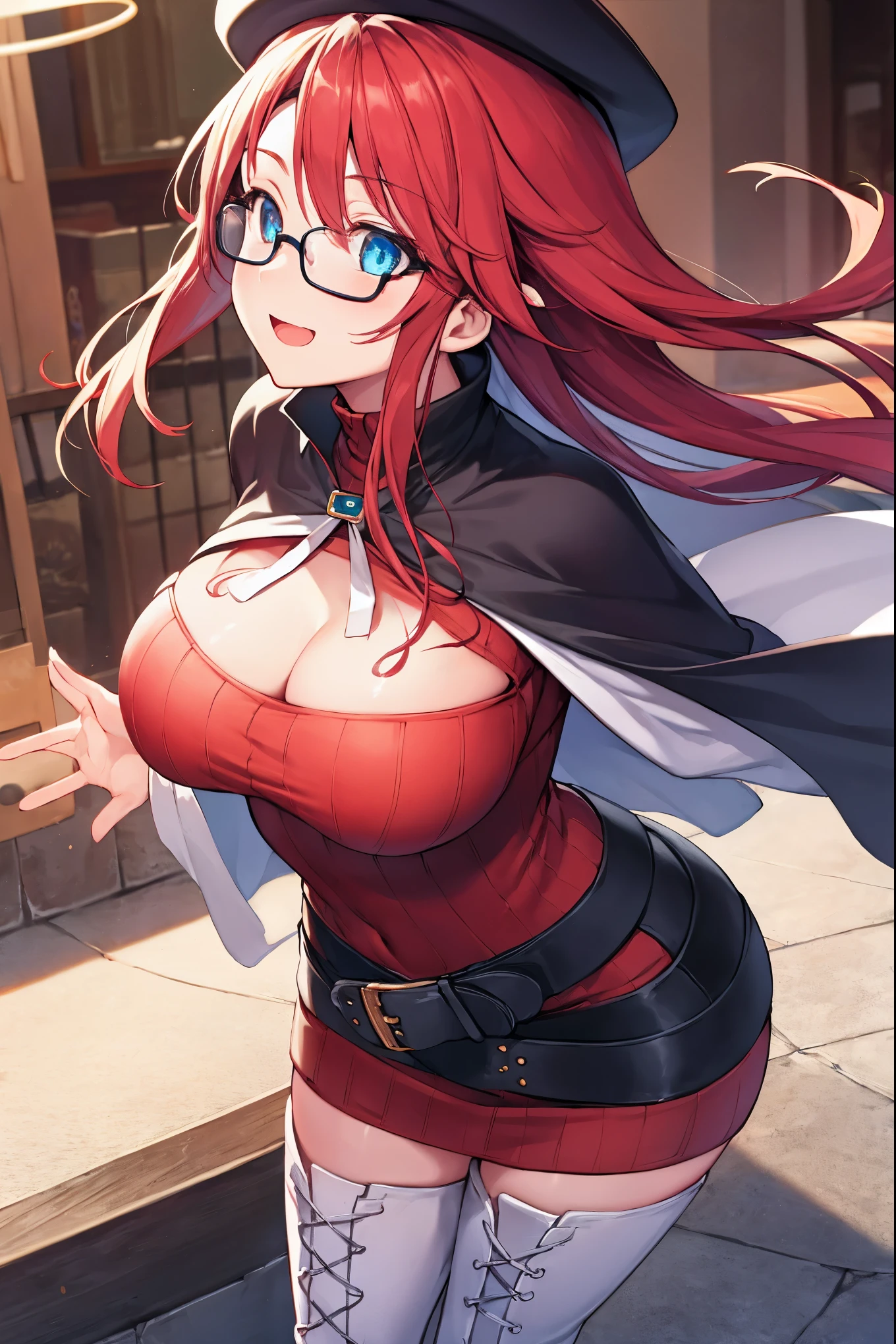 masterpiece, best quality, integrated scenery, integrated background, extremely delicate and beautiful, meticulous details, good composition, cute face, perfect face, perfect hands, best quality, summonnightaty, aty, (young:1.3),long hair, blue eyes, red hair, large_breasts, hat, glasses,
BREAK long hair, thighhighs, dress,  glasses, belt, cape, sweater, zettai ryouiki, beret, thigh boots, white footwear, ribbed sweater, loose belt,solo,
BREAK  fantasy,
,Highquality_hads,perfect_fingers,
BREAK (masterpiece:1.2), best quality, high resolution, unity 8k wallpaper, (illustration:0.8), (beautiful detailed eyes:1.6), extremely detailed face, perfect lighting, extremely detailed CG, (perfect hands, perfect anatomy),(covered_nipples:0.7),(covered_navel:0.7) ,half_eyes,sleepy_eyes,red_sweater,apart_knees,spread_legs,rise_knee,Smile,rise_hand,open_arms,bluesky_landscape,(plump:0.6),open_mouth, dynamic_angle,solo,walking, slouch,half_eyes, head_wind,side_view