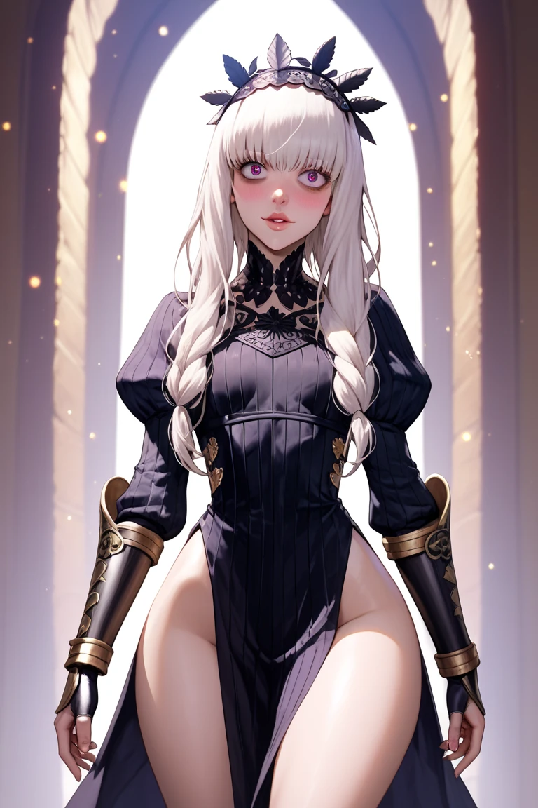 1girl,meimei,black turtleneck dress,black puffy long sleeves,skirt,hair over one eye,<lora:meimei:0.7> (masterpiece, top quality, best quality, official art, beautiful and aesthetic:1.2), (1girl:1.3), (fractal art:1.3),spread legs