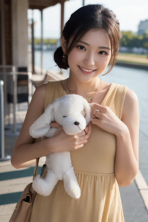 Coastal beauty, 1 girl, (short hair), bikini, (big eyes, thin face, white skin, carefree expression), beach background, lighthouse, soft sea breeze, playful pose, dynamic composition, blurred background, rich colors, fine details, 50mm lens, relaxing atmosphere. Portrait photography, 35mm film, natural blur beautiful and clear eyes, simple blurred background, extreme detail description, beautiful, charming, super fine painting, delicate face, delicate figure, fine collarbone, cute lips, (8k, RAW photo, best quality, masterpiece: 1.2), (realistic, photorealistic photo: 1.37), holding a teddy bear in both hands